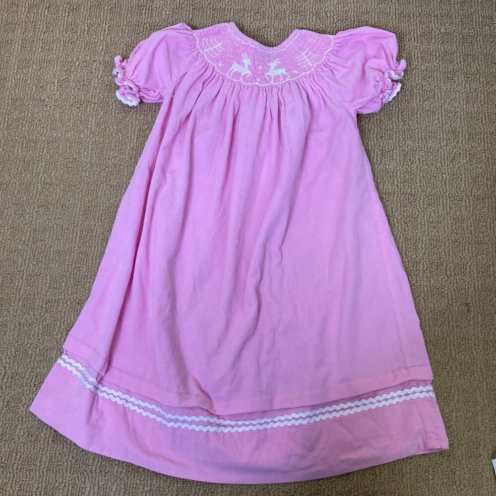 Smocked or Not Girls Dress 6 Pink Soft Corduroy Reindeer Long Rickrack